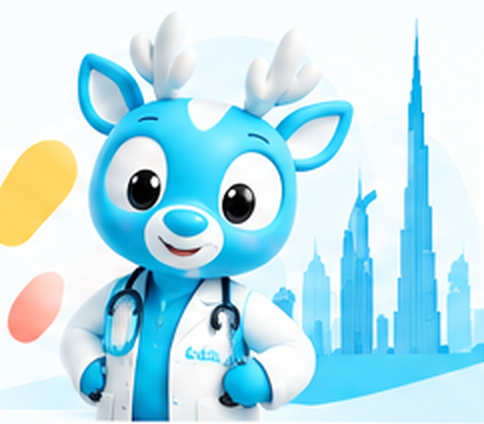 Sofira mascot in a doctor's coat in front of the Dubai skyline