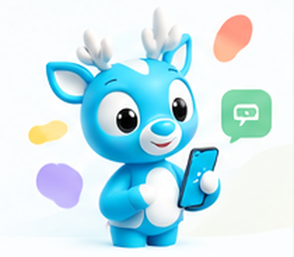 Sofira mascot holding a phone next to a chat bubble