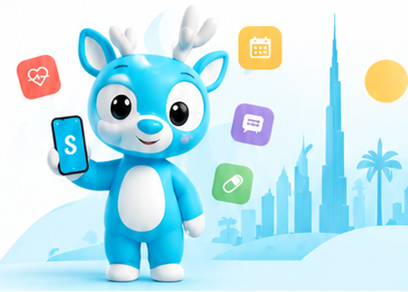 Sofira mascot, a blue deer holding a phone, in front of the Dubai skyline