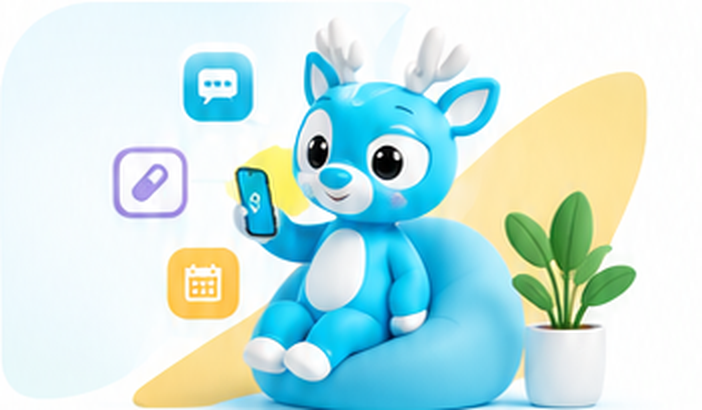 Sofira mascot sitting on a beanbag using a phone